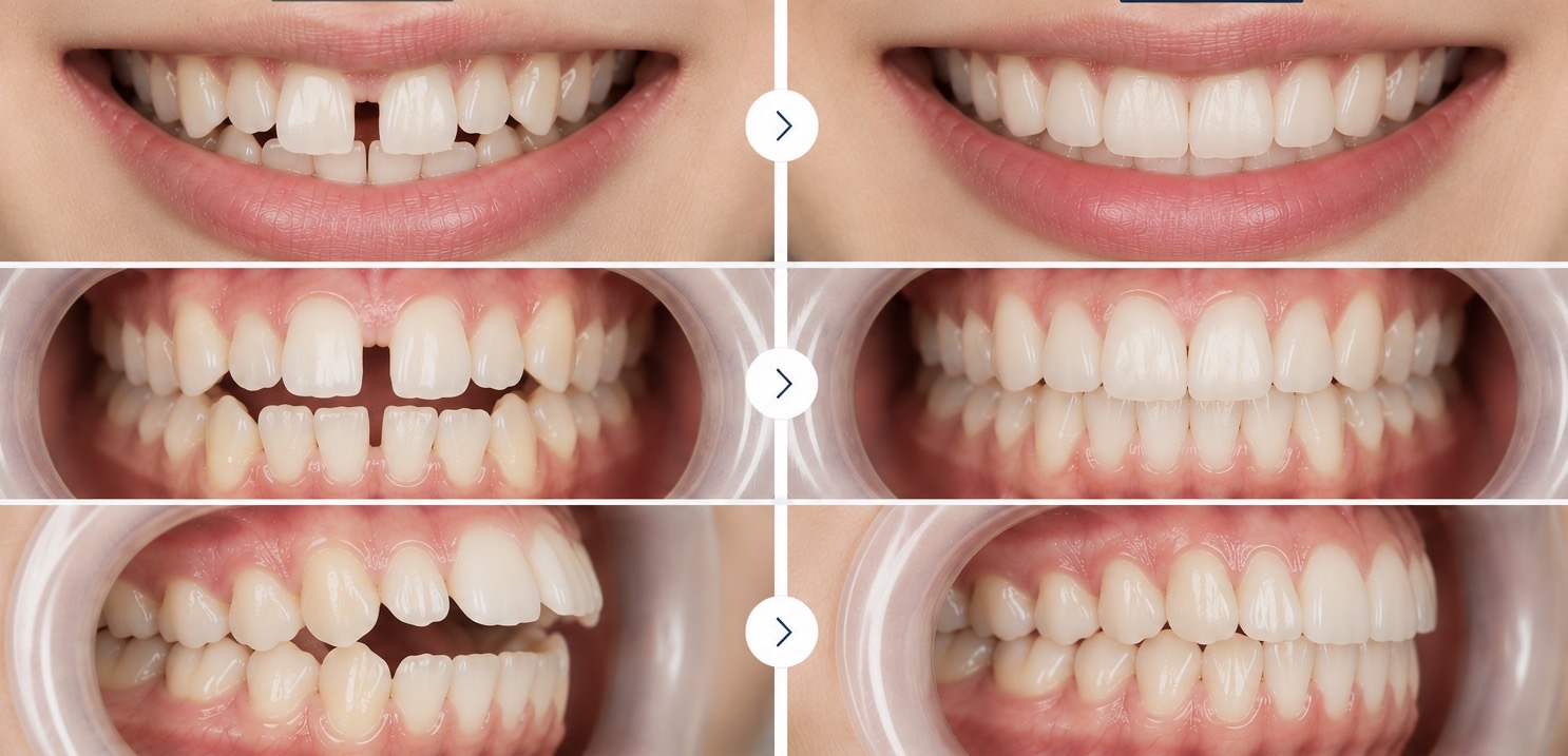 Before and after orthodontic treatment results from ID Dental Implant Center patients in Koreatown, Los Angeles