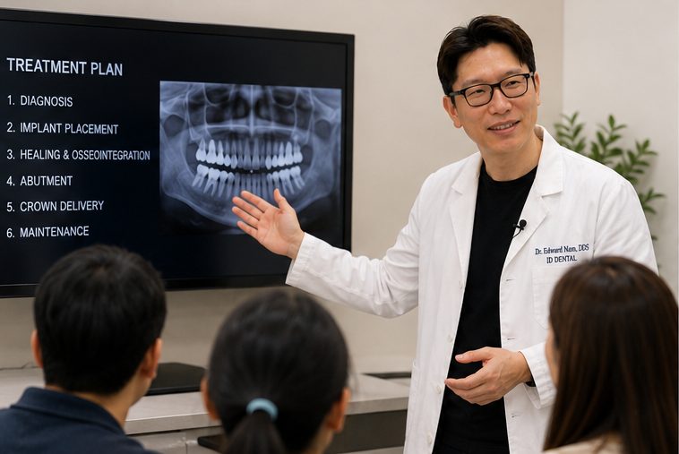 Dr. Edward Nam이 All-on-4 임플란트 치료 계획을 설명하는 모습 — ID Dental 코리아타운